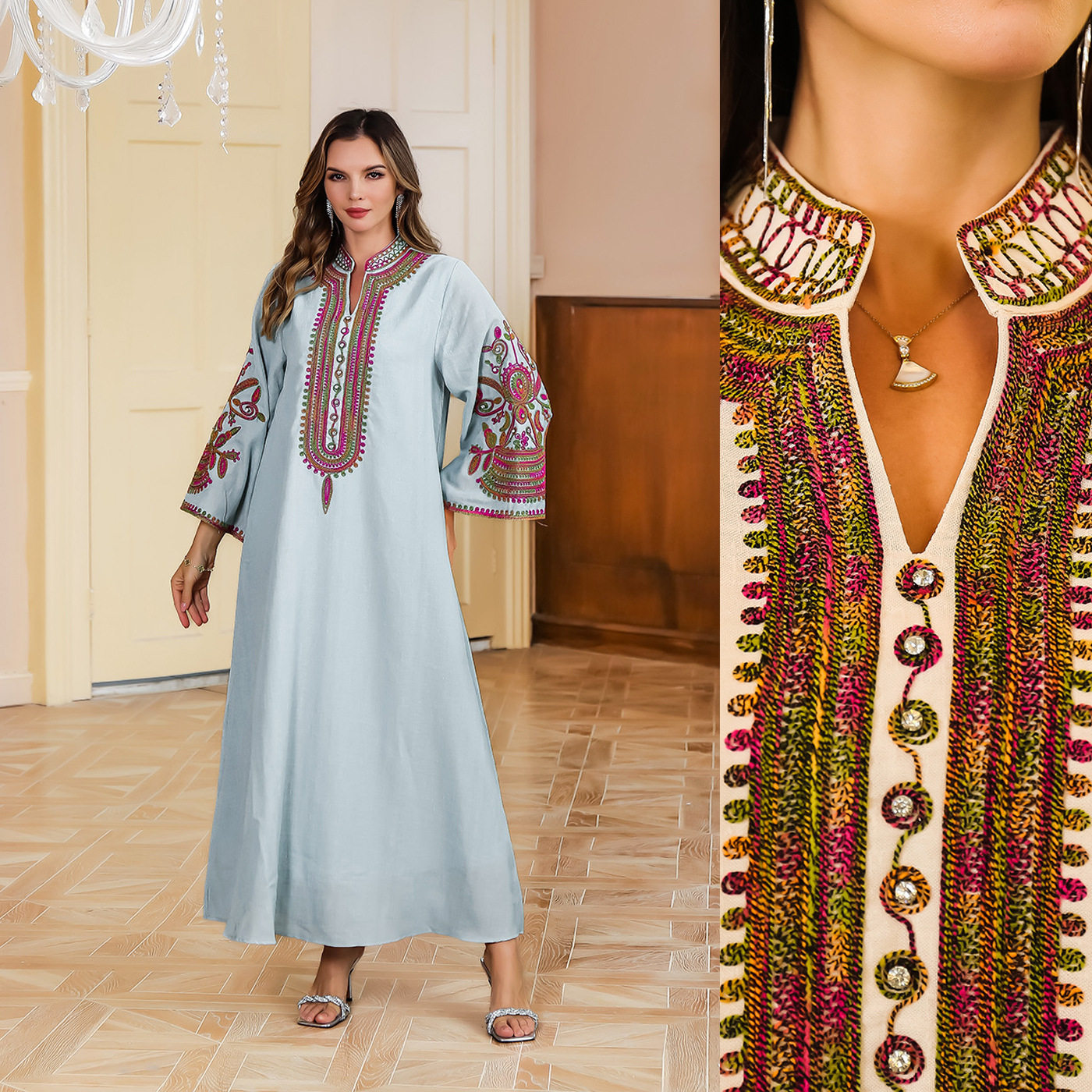 中东阿拉伯服饰绳绣长袍女装迪拜土耳其女士大袍印尼轻奢晚礼服