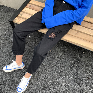 黑色破洞牛仔裤女宽松直筒2022春秋新款九分显瘦哈伦烟管老爹裤子