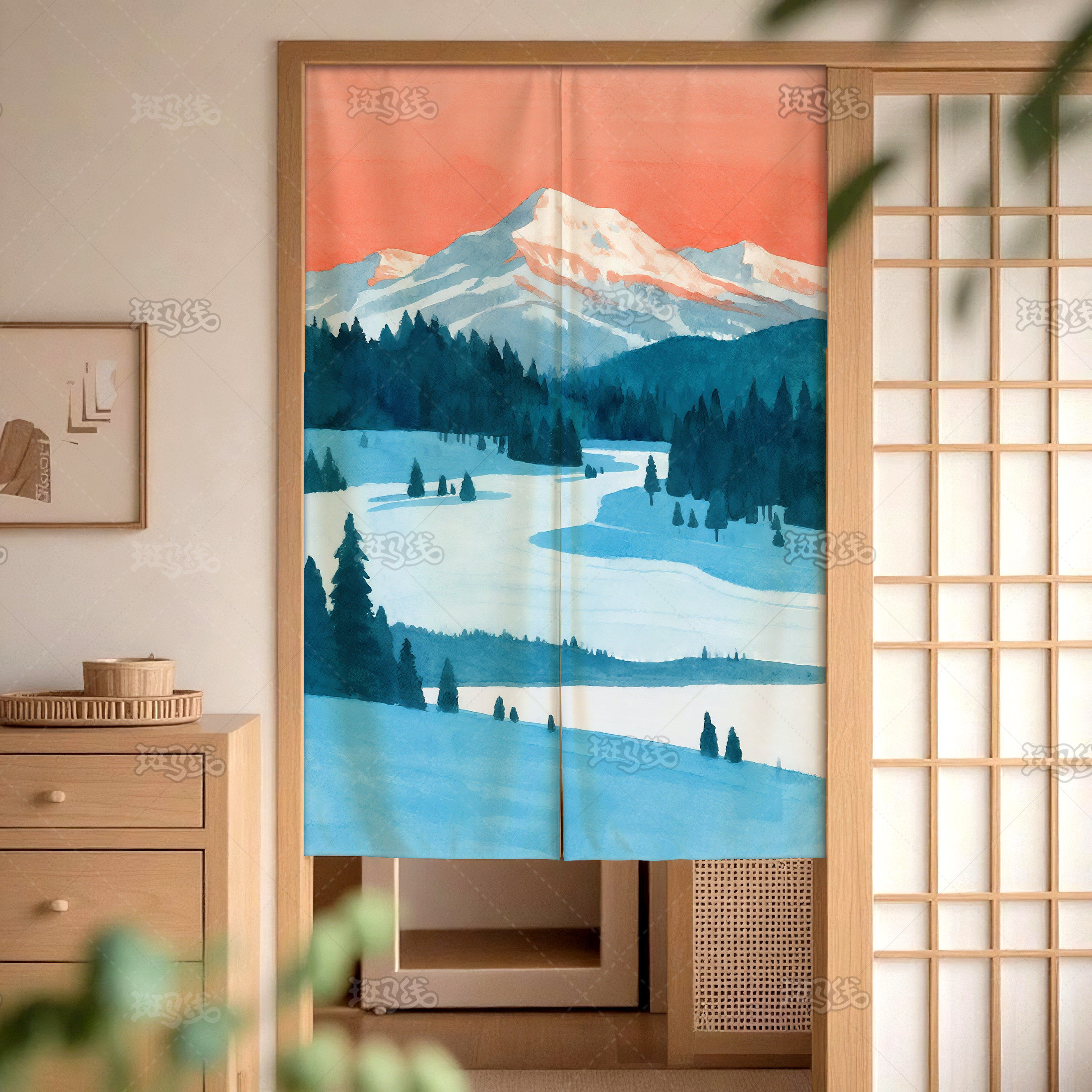 2026年新款日系雪山风景门帘布帘家居装饰隔断帘定制日式房间门帘