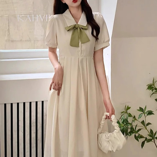 百褶裙日系小清新蝴蝶领结收腰显瘦连衣裙女夏季新款森女系长裙子