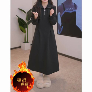 冬季时尚拉链加绒连衣裙秋冬新款女温柔风内搭配大打底裙中长裙子