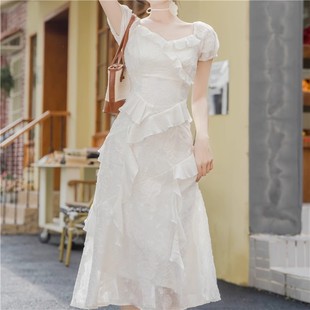 法式初恋仙女不规则白色公主连衣裙女夏季新款收腰海边度假短裙子