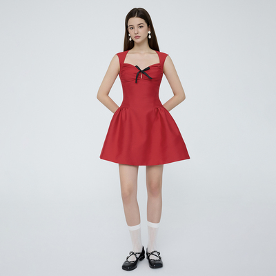 蝴蝶结收腰无袖丝毛蓬蓬连衣裙