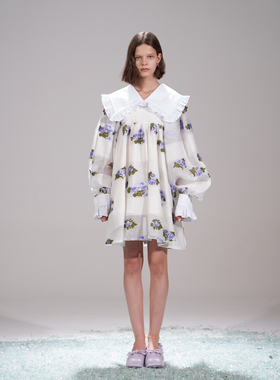 ESTER HSU 经典款紫色花朵提花娃娃领连衣裙白鹿戚薇明星同款