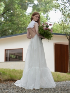 ESTER HSU 2024SS 春夏新品 蝴蝶结提花海军领露背连衣裙