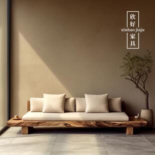 侘寂风客厅实木沙发复古做旧民宿家具双人三人可以拆洗布艺长沙发