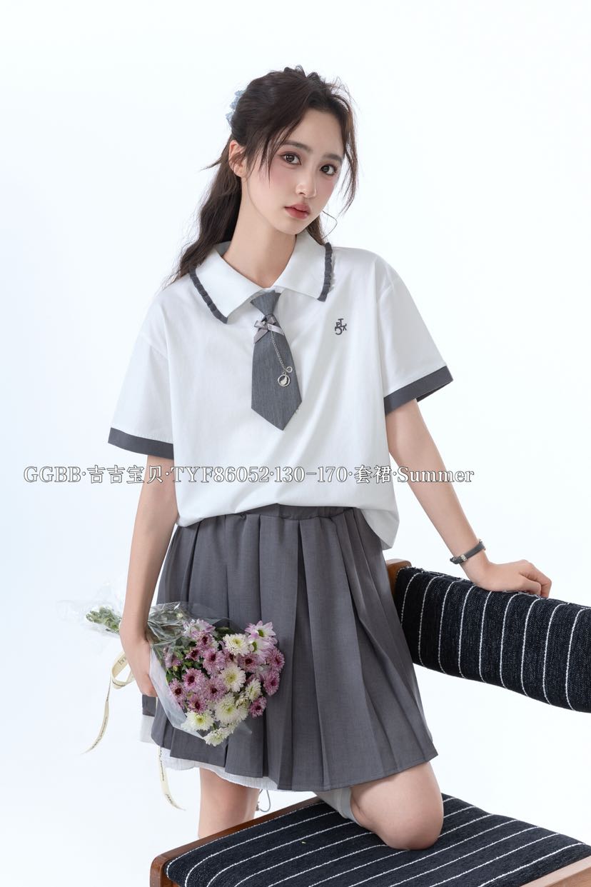 26夏季新款女童学院风条纹短袖衬衫百褶裙带领带三件套图片