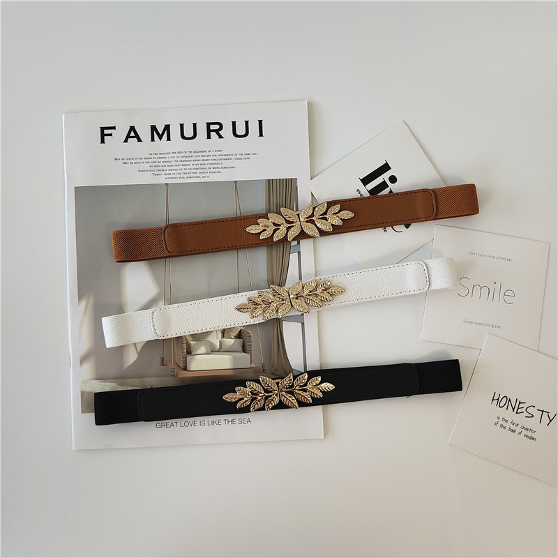 树叶配裙子弹力松紧百搭风窄皮带