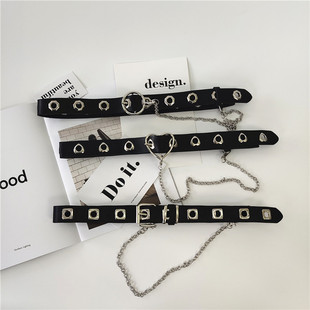 腰带女士朋克韩版全铁孔爱方扣头铁链条百搭皮带女装饰牛仔裤带潮