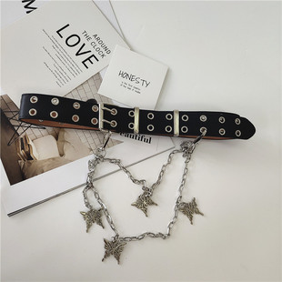 小包腰带女士朋克韩版全孔扣贴标双排蝴蝶铁链百搭皮带装饰牛仔裤