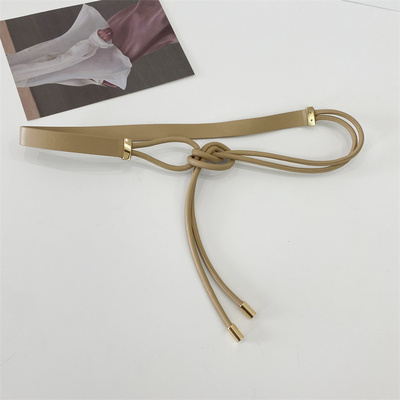 女款简约百搭细腰带打结绳子PU装饰配裙子绑带带女打结米色皮带