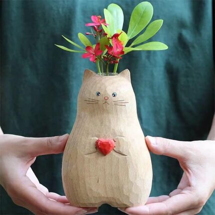 猫咪花瓶仿木雕小摆件创意日系手作猫猫花瓶办公摆件生日结婚礼物