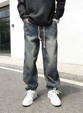 2025秋冬新款加绒阔腿直筒蓝色宽松水洗牛仔裤休闲渐变色复古长裤