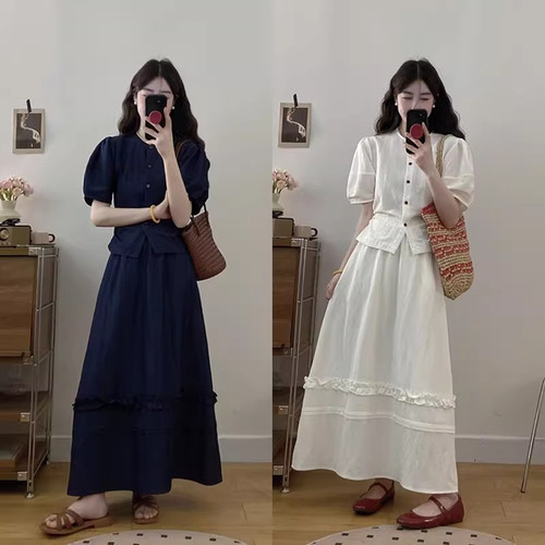大码显瘦泡泡袖套装裙女
