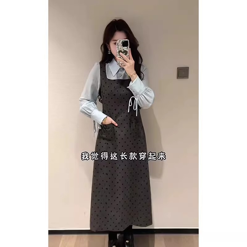 波点假两件衬衫背心裙子女