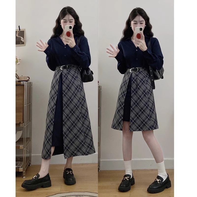 复古假两件衬衫长袖连衣裙女
