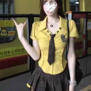 甜美套装 大码 美式 夏季 半身裙两件套女 显瘦纯欲学院风衬衫 上衣