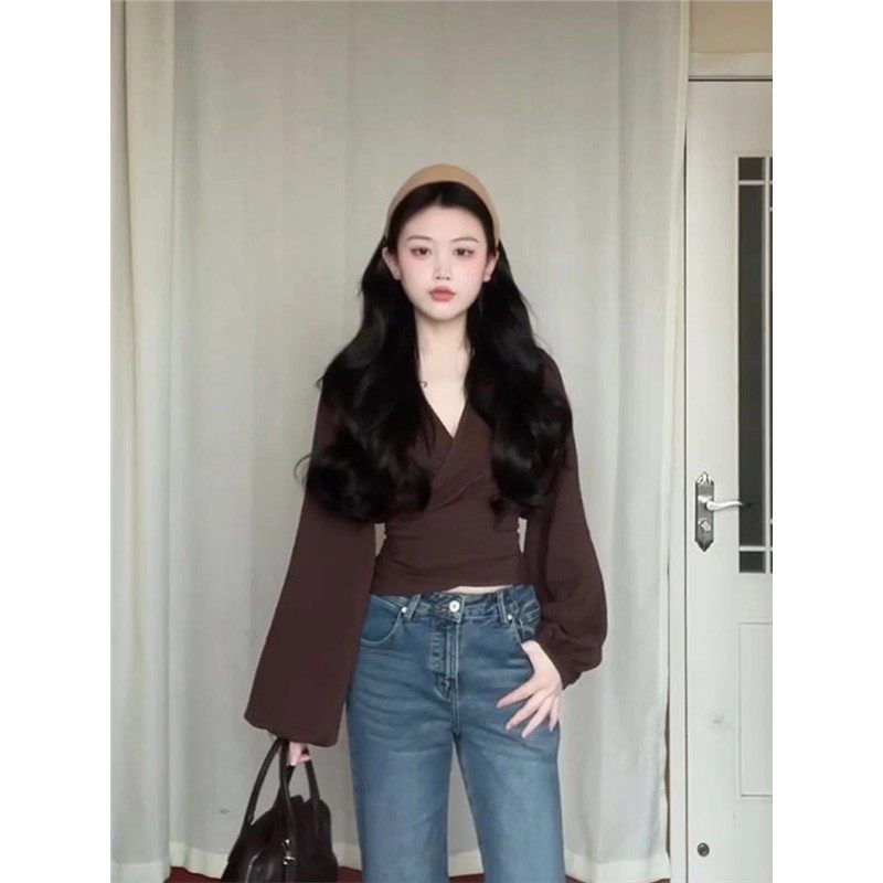 大码法式V领长袖衬衣女图片