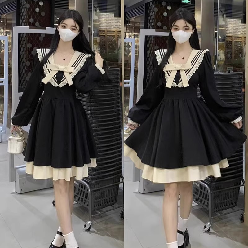 大码显瘦海军领长袖赫本风连衣裙秋季新款女装蓬蓬裙胖mm黑色裙子