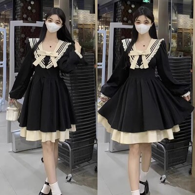 大码显瘦海军领长袖蓬蓬裙女