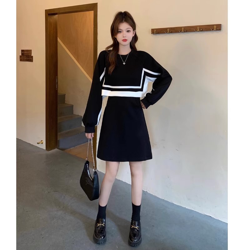 大码假两件拼接长袖连衣裙女春秋季新款胖mm收腰显瘦A字短裙子潮