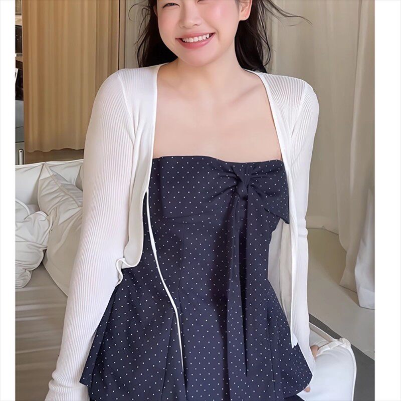 大码胖MM韩系波点抹胸连衣裙女早秋季新款修身显瘦设计感小众套装