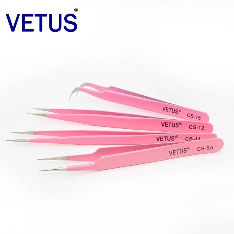 vetus镊子美妆工具种植/嫁接睫毛燕窝挑毛不锈钢直头弯头镊子粉色
