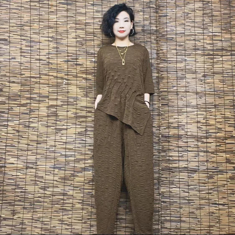 木子原创女装2023春夏小众时尚洋气纯色压皱大码不规则套装#1081