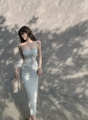 法式性感一字肩收腰开衩抹胸裙