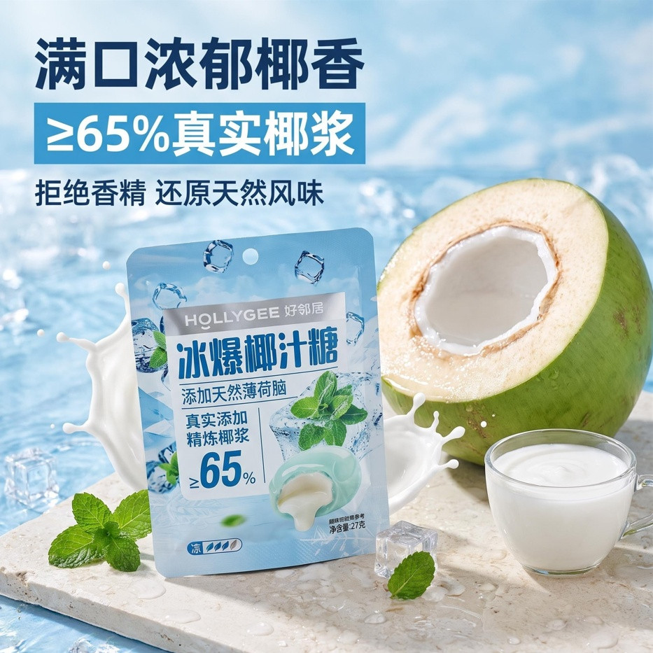 网红校园休闲解馋零食27g袋装椰浆芭乐冰爆椰汁夹心糖追剧零食
