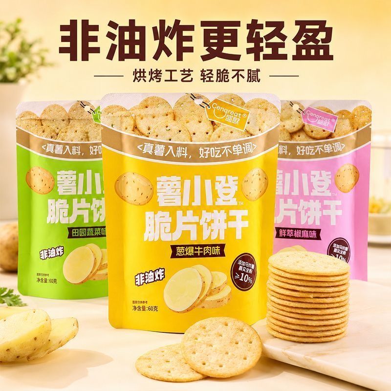 正品盛歌薯小登薯片薄脆饼干非油炸葱爆牛肉味鲜萃椒麻味韧性饼干