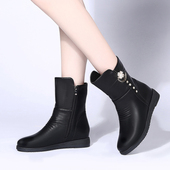 妈妈鞋 中筒靴子大码 棉鞋 加绒女靴中老年防滑保暖平底圆头女士皮鞋