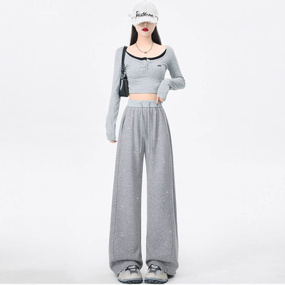 灰色烫钻高腰显瘦拖地阔腿卫裤