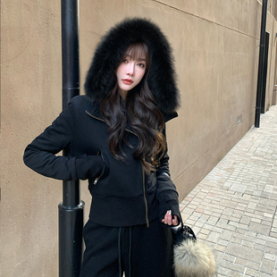 修身 独特卫衣外套女25年冬季 上衣 stevens连帽大毛领拉链开衫 alex