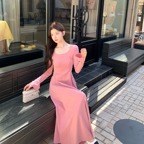 alex stevens方领针织连衣裙喇叭长袖女春夏季修身内搭打底长裙子