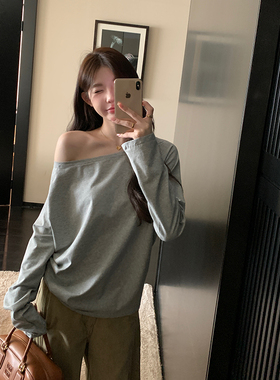 alex stevens灰色斜肩长袖t恤女秋季慵懒宽松露肩一字肩打底上衣