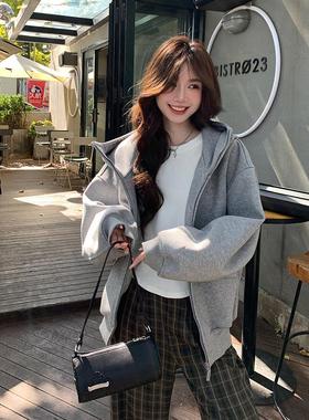 alex stevens灰色连帽开衫拉链卫衣外套女春秋季新款加厚宽松上衣