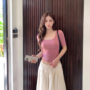 alex stevens韩系U领正肩短袖T恤女夏季修身显瘦短款掐腰上衣紧身