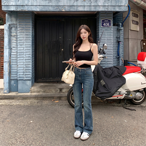 alex stevens修身显瘦微喇叭牛仔裤女夏季新款复古蓝色直筒裤长裤