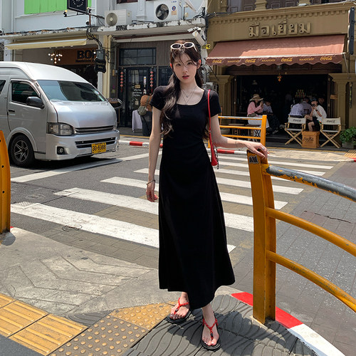 alex stevens短袖连衣裙掐腰裙女夏季弹力u领修身显瘦纯色长裙子