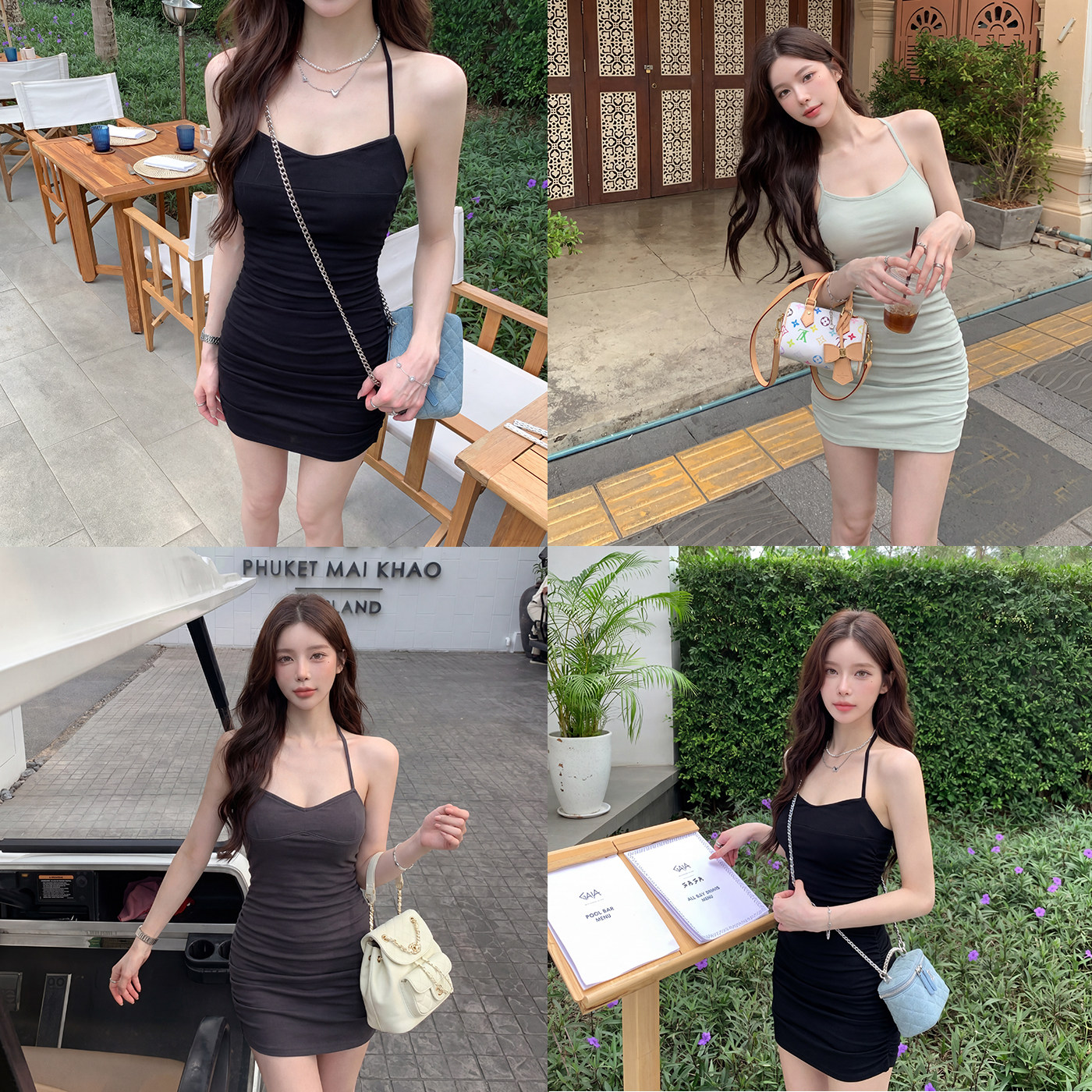 alex stevens褶皱设计感细吊带挂脖连衣裙女夏季修身显瘦包臀短裙