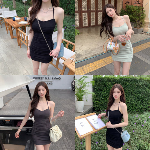 alex stevens褶皱设计感细吊带挂脖连衣裙女夏季修身显瘦包臀短裙