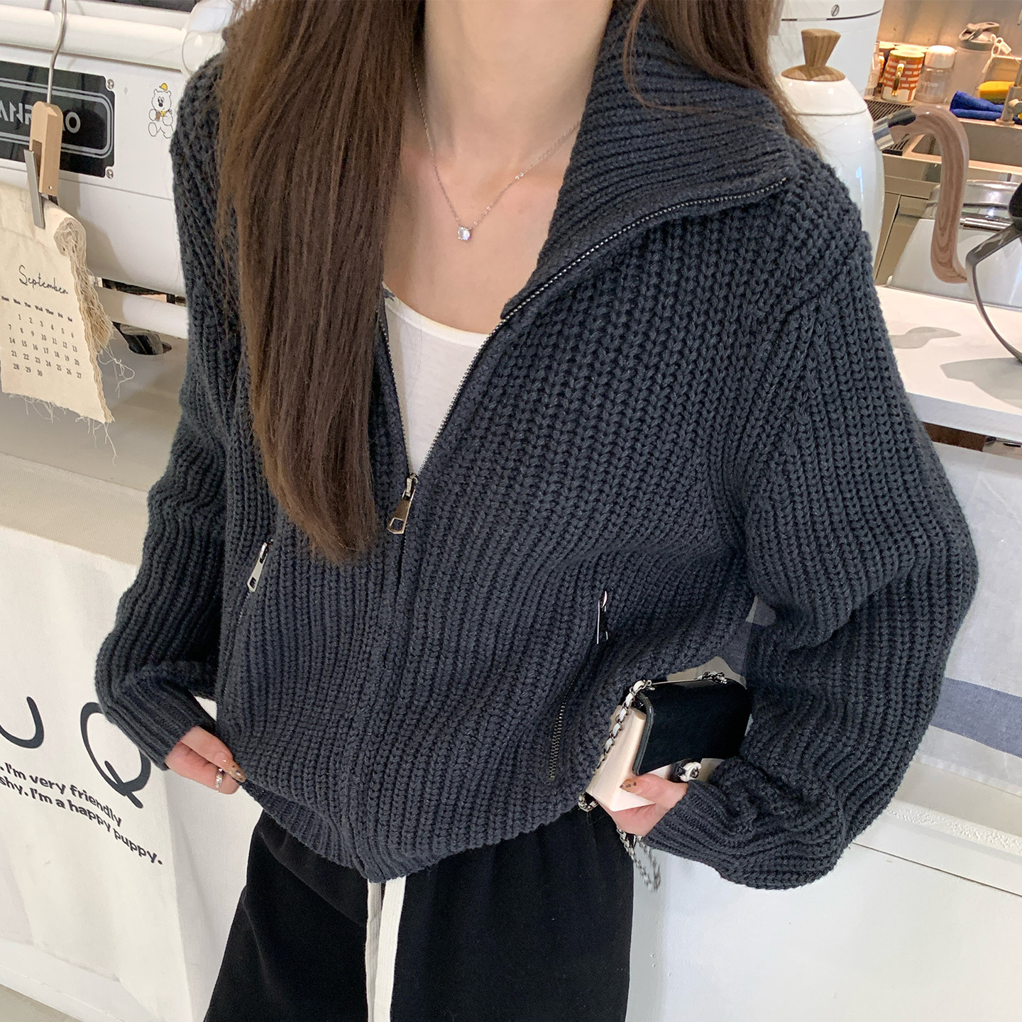 alex stevens 拉链针织开衫外套女春季慵懒风短款深灰色毛衣上衣,女装/女士精品,短外套,淘宝优惠券,粉丝福利购,淘宝优惠卷