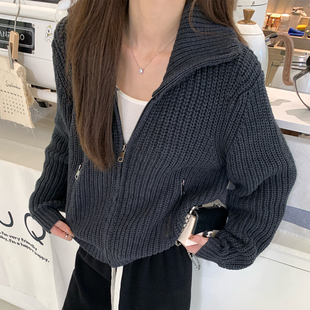 alex stevens 拉链针织开衫外套女春季慵懒风短款深灰色毛衣上衣