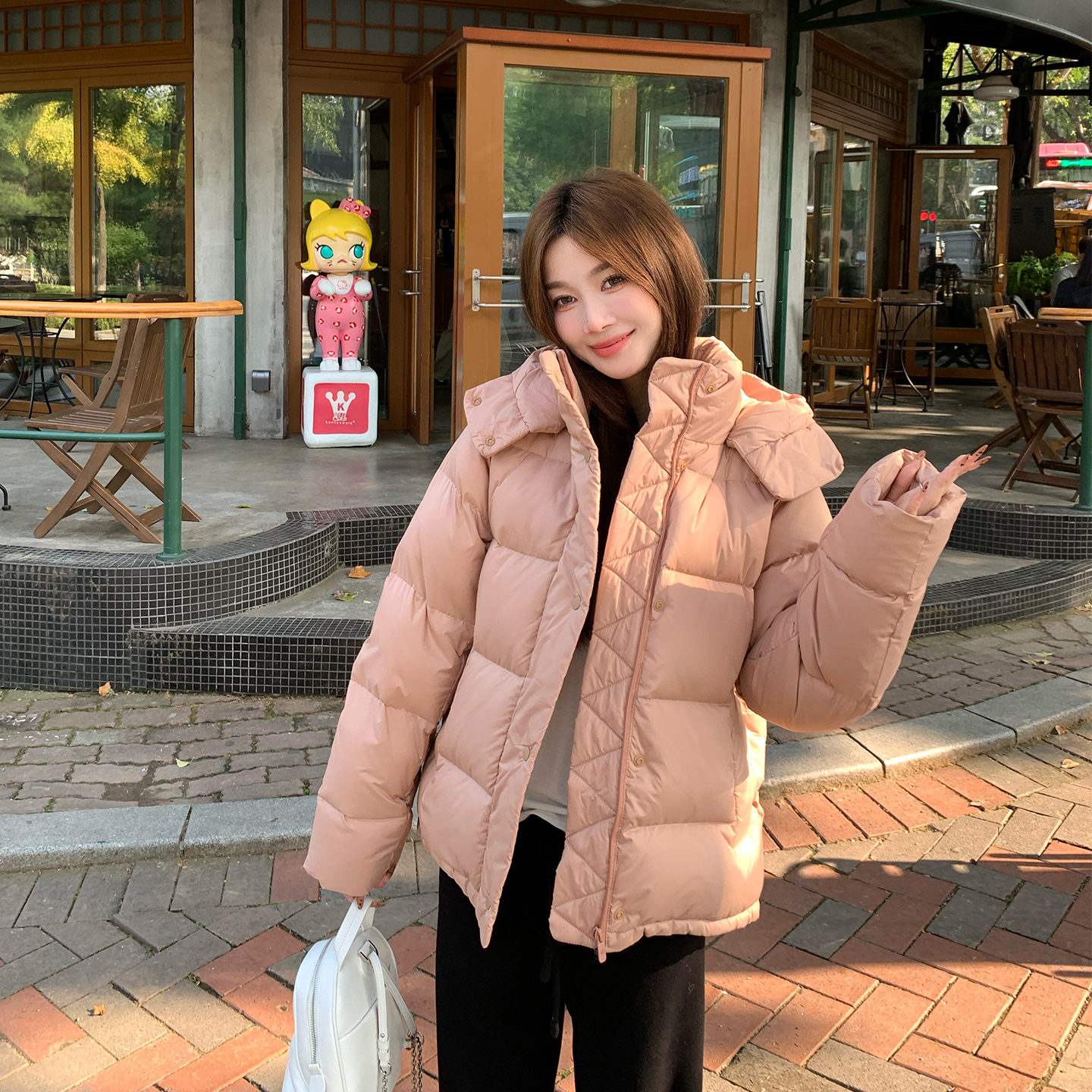 10/20 晚20点 粉色连帽羽绒服女短款冬季小个子面包服