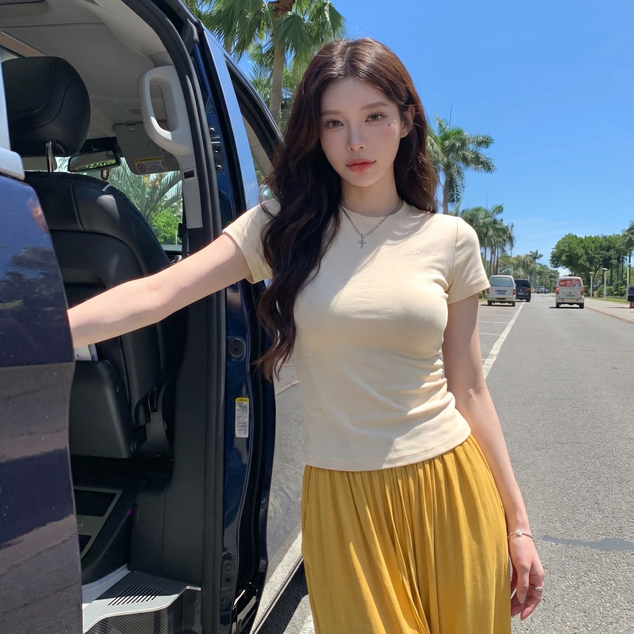 alex stevens 极简正肩圆领短袖T恤女夏季修身显瘦短款上衣高级感