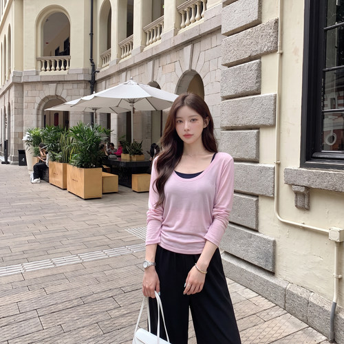 alex stevens慵懒风U领长袖T恤女秋季薄款显瘦假两件叠穿吊带上衣