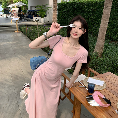 alex stevens短袖连衣裙掐腰裙女夏季弹力u领修身显瘦纯色长裙子