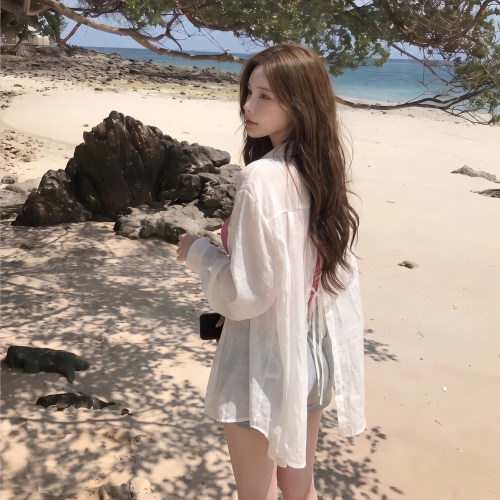 alex stevens白色防晒衬衫外套女夏季后开叉长袖衬衣薄款开衫上衣