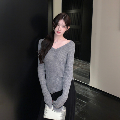 特价秒杀~慵懒风V领套头针织衫女春季长袖修身显瘦毛衣上衣
